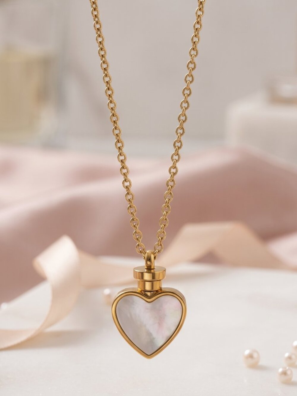 18K Gold Plated Reversible Heart Mother of Pearl Necklace Black White Coquette